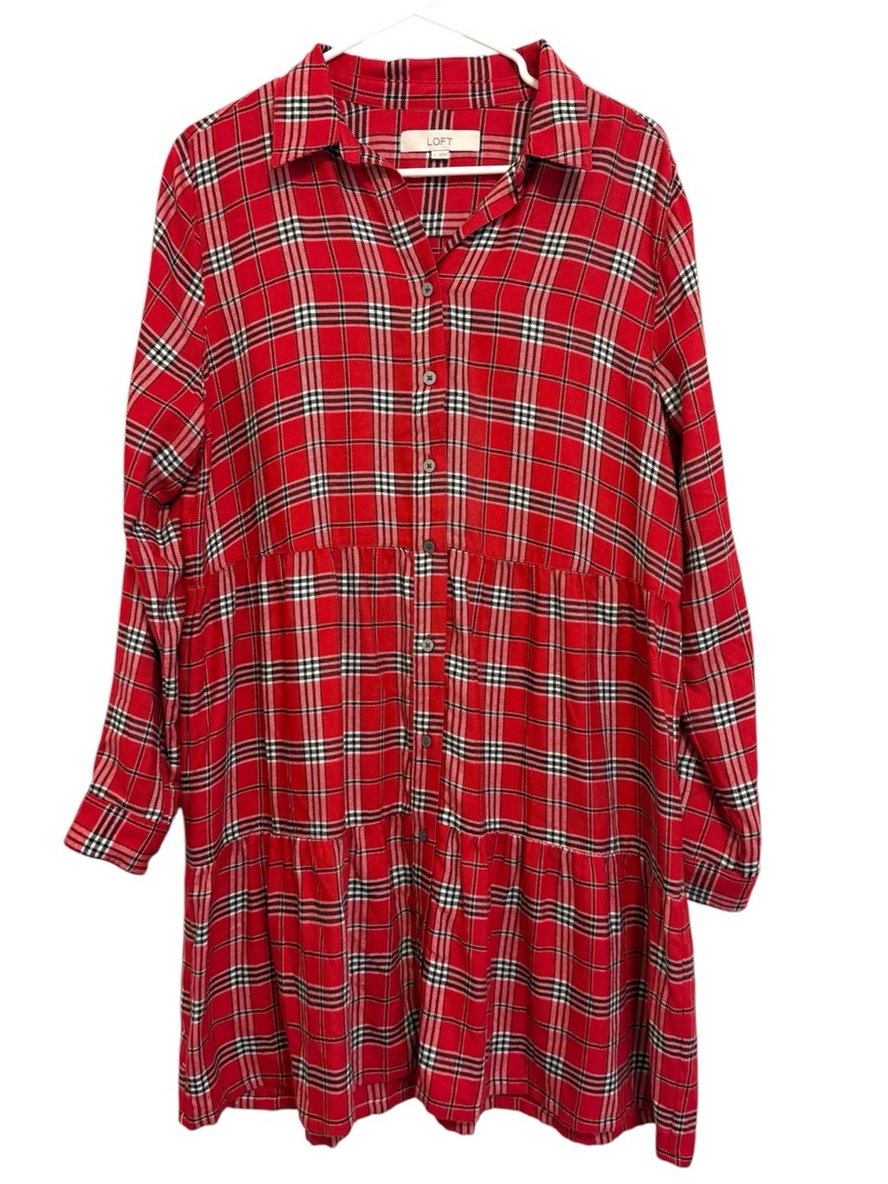 LOFT Plaid Tiered Shirt Dress Large Red Black Long Sleeve Button Front